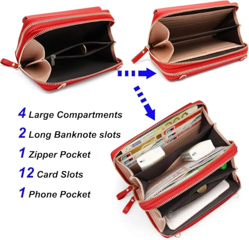 Image of Women Leather Wallet Crossbody Shoulder Bag with Double Zipper and Mobile Phone Purse with Shoulder Strap