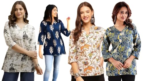 Image of Women's Printed Short Kurti Tops Rayon Cotton Blend Tunic Combo