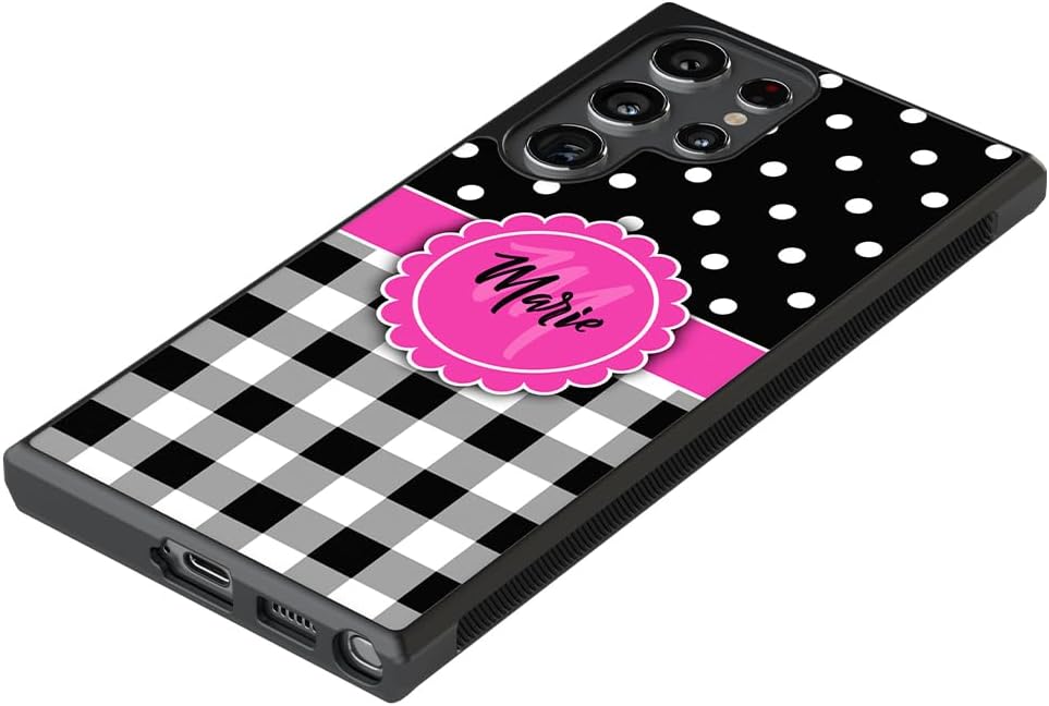 Black White Pink Plaid Personalized Black Rubber Phone Case Compatible With Samsung Galaxy S25 S25+ S25 Ultra S24 S24+ S24 Ultra S24FE, S23 FE S23+ Ultra S22 S22+