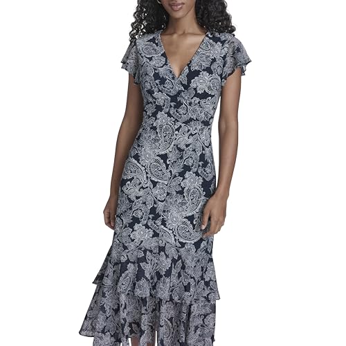 Image of Tommy Hilfiger Women's Flutter Sleeve V-Neck Ruffle Trim Hi-Lo Midi Dress