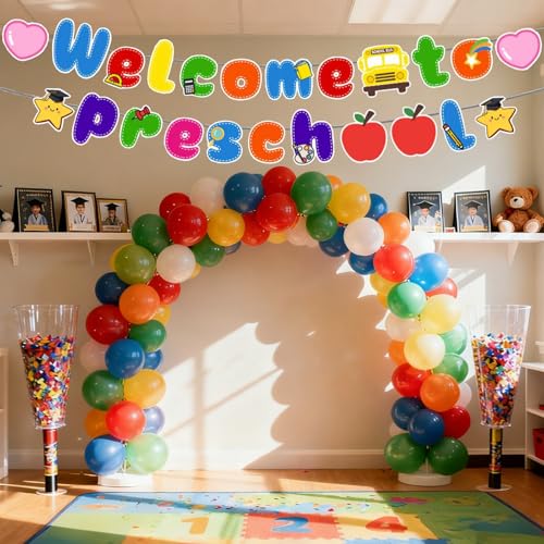 Image of Welcome to Preschool Banner for First Day of Preschool Decorations | Pre-Strung, Back to School, Classroom Office Hallway, Paper, Children Kids