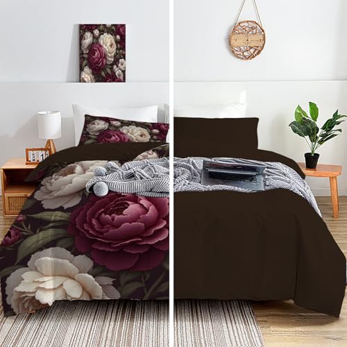 Housse de couette 140x200 pivoine rose et verte avec taie d'oreiller 65x65