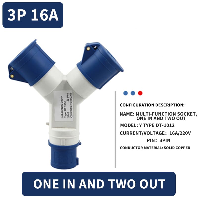 Industrial Y-Plug Socket: Waterproof 3-Way Branch Connector for 3 4 5 Pin 16A 32A Wiring with 220V 380V Three-Phase Electricity(3p16a 1-2)