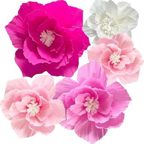 ANSOMO Pink Paper Flowers Artificial Crepe Tissue Hot Light Pink White Wall Décor Wedding Birthday Bridal Baby Shower Classroom Nursery Room Backdrop Centerpieces 5 Pcs Party Decorations Supplies Cover