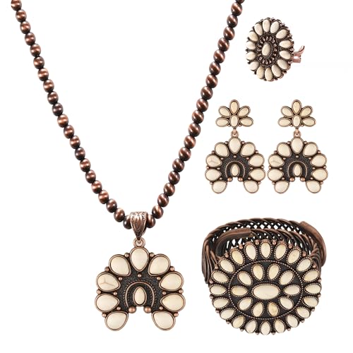 4 PCS Western Turquoise Jewelry for Women Boho Vintage Navajo Pearl Necklace Earring Bracelet Ring Set Country Cowgirl Accessories for Gift