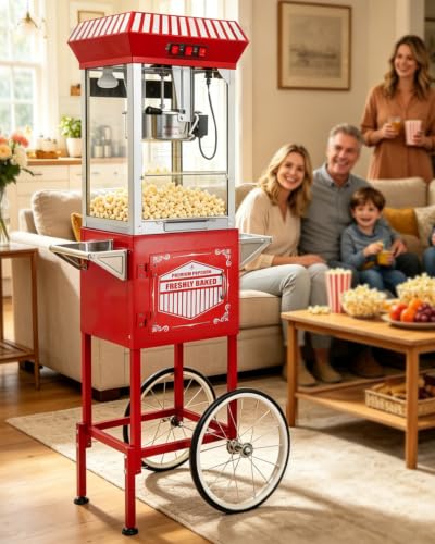 Image of Large Popcorn Machine with Cart: 12 Oz Vintage Commercial Popcorn with Foldable Stand Makes Up to 48 Cups, 3 Serving Cups, Measuring Cups & a Scoop for Home Party Office, Bright Red