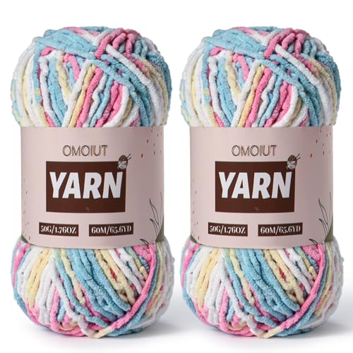 Image of 2 Packs Plush Chenille Chunky Crochet Yarn - Baby Yarn for Crocheting Soft - Velvet Yarns Knitting for Blankets Crafts - Fluffy Amigurumi Yarns 100g /131yds (2 Candy Color)