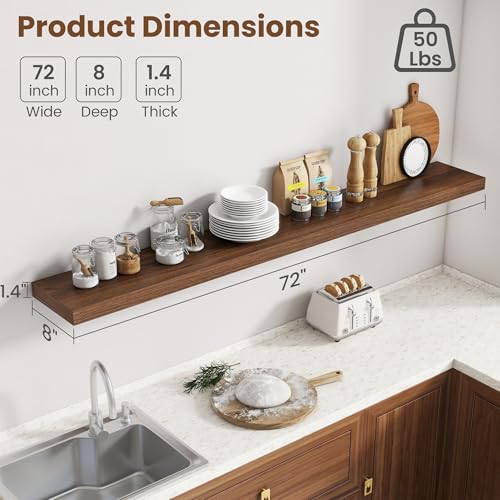 Image of 72 Inch Floating Shelves for Wall, 8 Inch Deep Floating Shelf for Storage & Display, Rustic Wall Mounted Shelf with Invisible Brackets for Living Room, Kitchen, Bathroom, Home Decor, Set of 2, Walnut