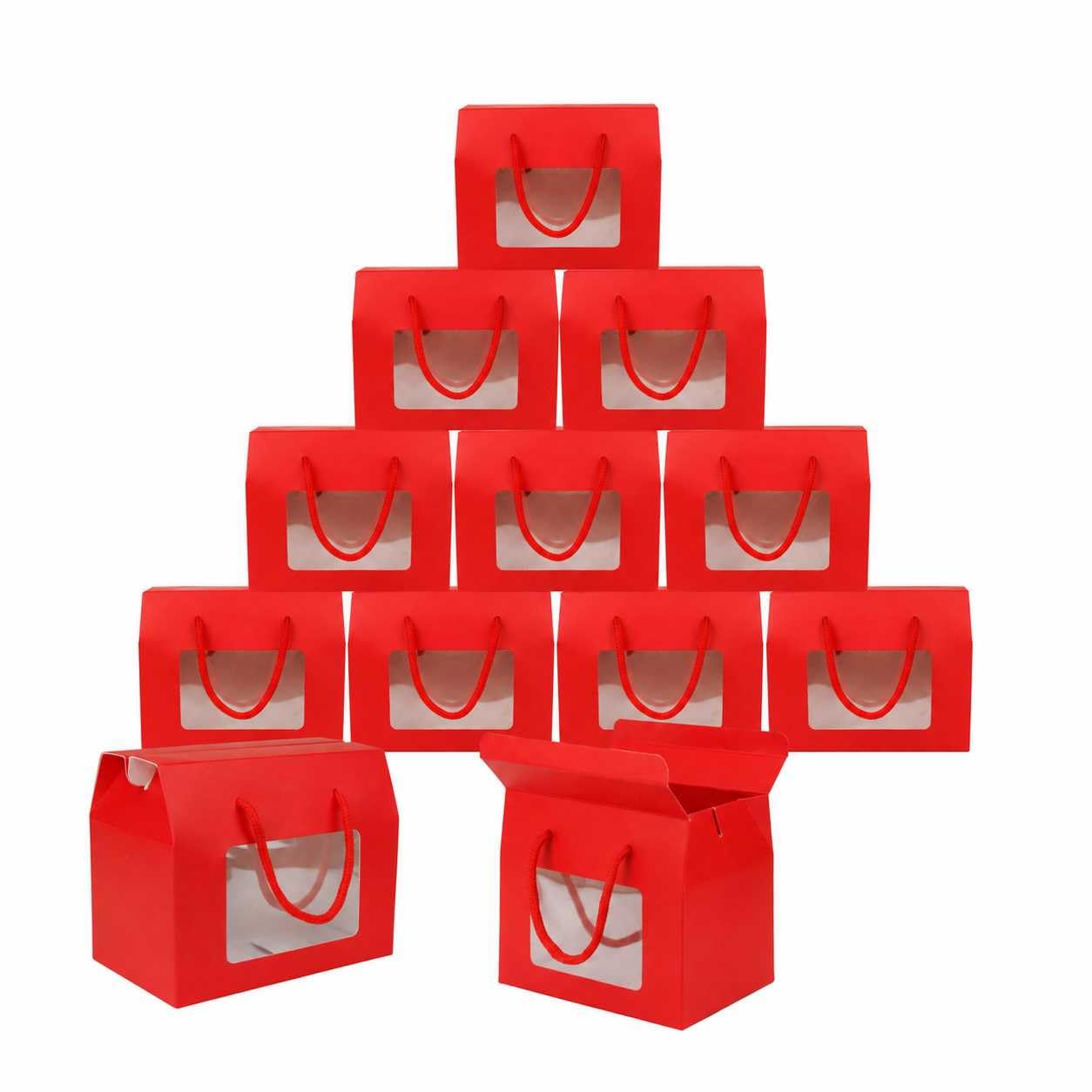 Emartbuy Red Gift Boxes With Clear Window & Handle 20x15x11 cm - Pack of 96