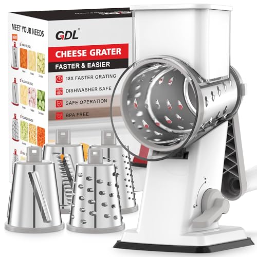 Image of GDL Upgraded Cheese Grater Shredder Hand Crank, Vegetable Slicer, 4 Blades | 18x Faster Cutting, Stronger Suction Base, No BPA, Stainless Steel Blade, Dishwasher Safe, For Cheese & Veggies & Nuts