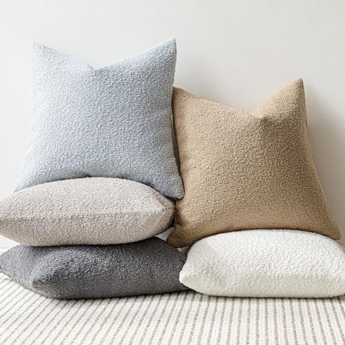 Image of Foindtower Set of 2, Decorative Textured Boucle Throw Pillow Covers Accent Solid Pillow Cases Neutral Soft Cozy Couch Cushion Case for Chair Sofa Bedroom Living Room Home Decor 24 x 24 Inch Light Blue