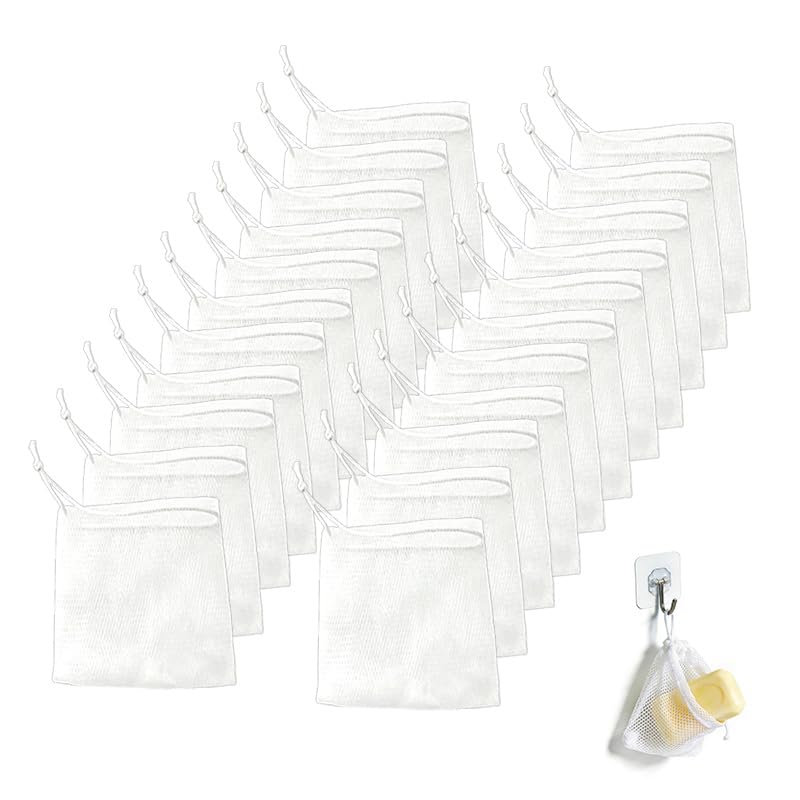 40 PCS Soap Saver Bag, Exfoliating Mesh Soap Pouch with Drawstring, for Shower, Face Cleansing and Body Scrub,Soap Bags for Soap Bars, White