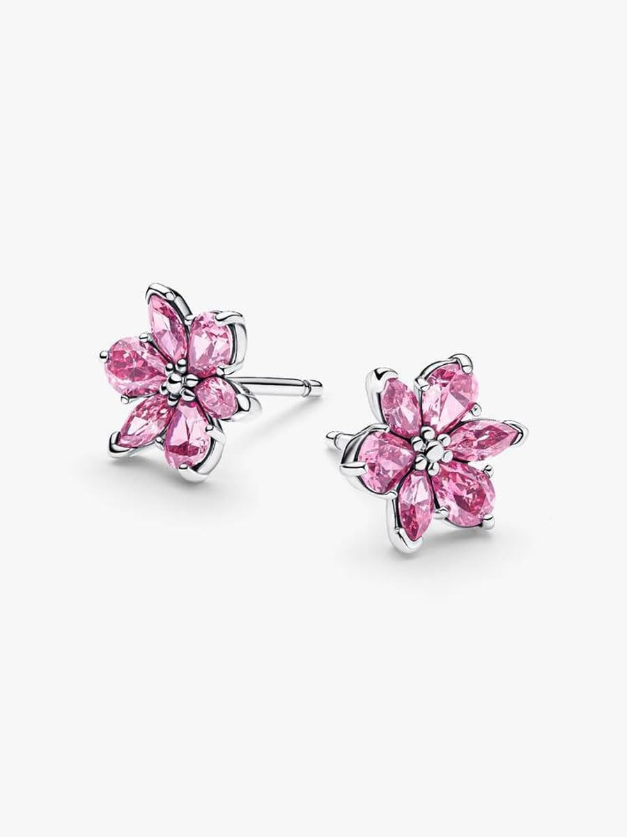 PANDORA Orecchini a lobo Herbarium Fiore Rosa, 925 argento Sterling con zirconi cubici, orecchini con pietre rosa a forma di fiore, gioielli da donna, 292633C02