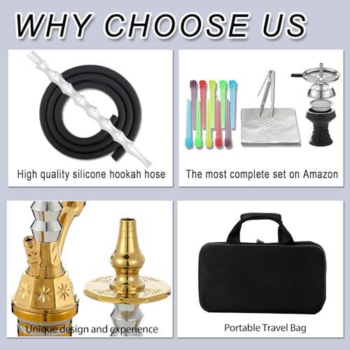 22" Hookah Set With Everything Portable Shisha Kit with Travel Case Glass Vase Silicone Bowl,Coal Tong,50 Hookah Foil,10 Hookah Disposable Tips - Image 6