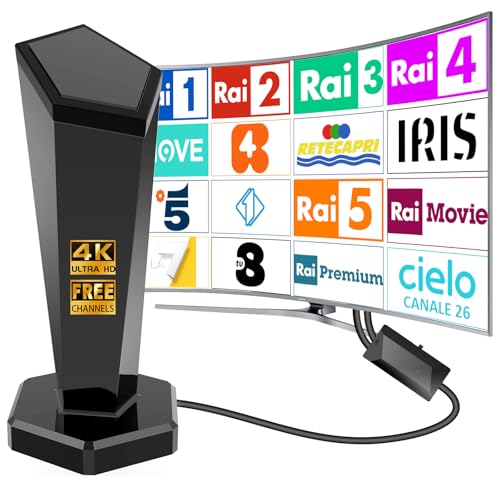 2025 Antenna TV Interna,Antenna TV Interna Amplificata Potente Ricezione 360° fino a 450 km con Base Magnetica,Supporto HD/4K/1080,DVB-T2/DVB-T2,installazione molto semplice-Cavo coassiale da 3 metri