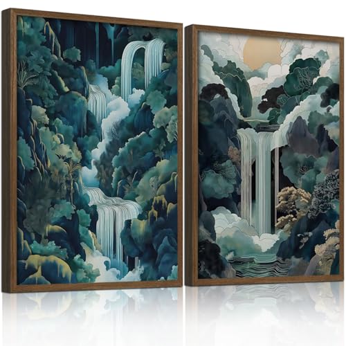2pcs Framed Japanese Canvas Wall Art Painting Large Waterfall Scenery Poster Print Wrap Canvas...