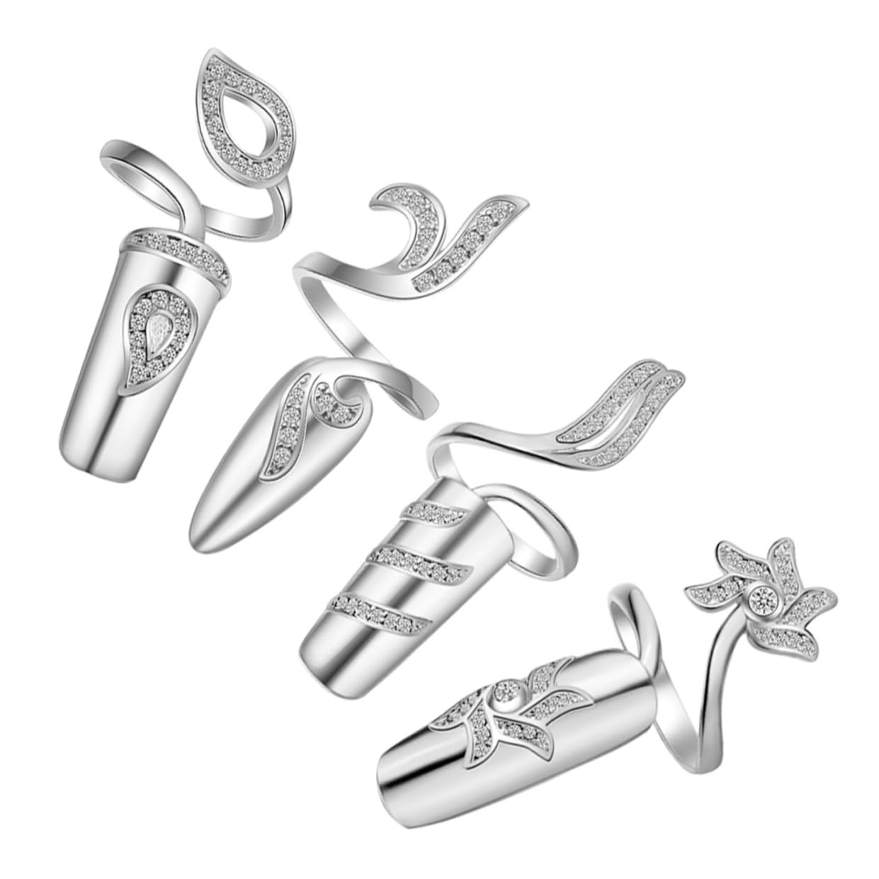 FOMIYES Anello Aperto per Unghie Donna con Pietre Brillanti in Lega 4 Pezzi | Argento, senza Colla, Fissaggio Stabile, per Occasioni Speciali e Feste come Prom e Natale