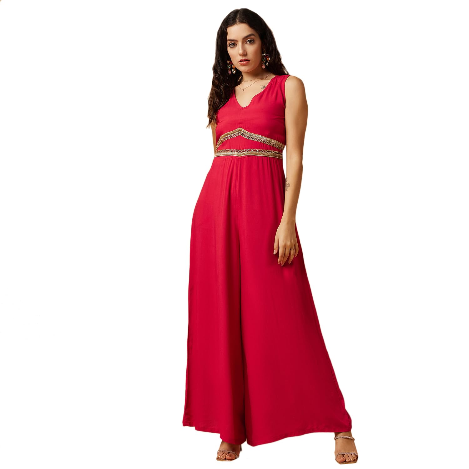 drape and dazzle Women V' Neck Solid Flare Jumpsuit With Embellishment Jumpsuit For Women | DD-100-picture-28