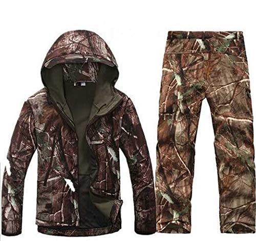 Mdsgfc Softshell Set Uomini All'Aperto Escursionismo Vestiti Militare Caccia Camouflage Tuta Campeggio Giacca con Cappuccio + Pantaloni, Uomo, Albero mimetico, XXL