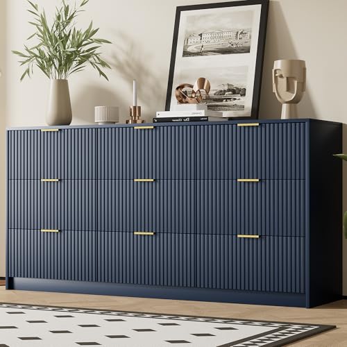 Image of Furniway Blue Dresser for Bedroom, Modern Dresser with 9 Drawers and Smooth Slides, Wide Chest of Drawers with Golden Handles for Bedroom, Living Room, Closet, 15.7 inch D x 63 inch W x 31.5 inch H