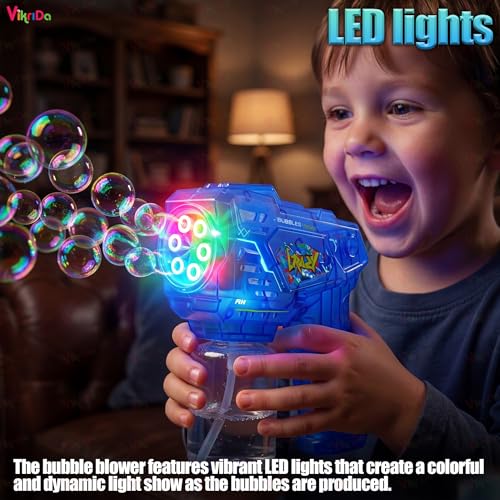 Image of VikriDA Electric Bubble Gun for Kids (3+) | 15-Hole Automatic Bubble Maker with LED Lights | Leak-Proof Bottle | Easy Trigger & Ergonomic Grip