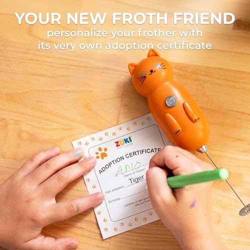 Image of Zulay Kitchen Cat Milk Frother Wand - Cutesy Frother, Meet Your New Frothing Buddy Tiger The Cat, Adoption Papers and Stickers Included, Purrr-fect for Lattes, Cappuccino & Matcha - Orange