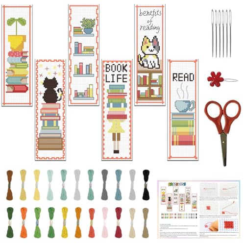 FREEBLOSS 6 Set Cross Stitch Bookmark Kit Cross Stitch Kit Cute Stamped Embroidery Bookmark with Instruction for Adults DIY Stitching Kits 8''x2.4''