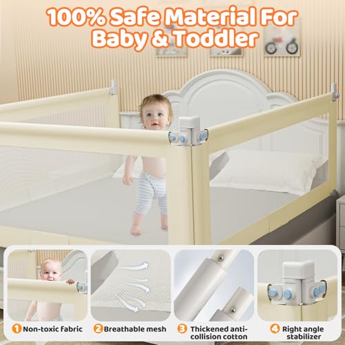 Bed Guard Rail for Toddlers - 74.8" Quick Assembly & Double Side Lift with Safety Child Lock - Adjustable Height Baby Bed Rails for Queen Full King Twin Crib Bunk Size Bed(Beige, 1 Pack)