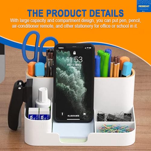 Image of FreshDcart Office Desk Organizer - Multifunctional 6-Compartment Mobile Pen Stand, Remote stand Perfect for Study Pens, Staplers, Clips, Sticky Notes - Mobile Holder for Table Office (White Pack of 1)