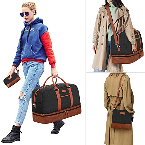 Image of Weekender Bag for Women, Large Overnight Bag Canvas Travel Duffel Bag Carry On Tote with Shoe Compartment 21 inch 3Pcs Set, A12-brown+black, Large, Practical