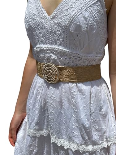 Cinturón Mujer Paja Ancho Elástico Para Vestidos Fajin Mujer Vintage Moda Cintura Ajustable Adaptable a la Figura Talla Universal Tejido Mimbre Hebilla Circular Perlas Blancas y Doradas