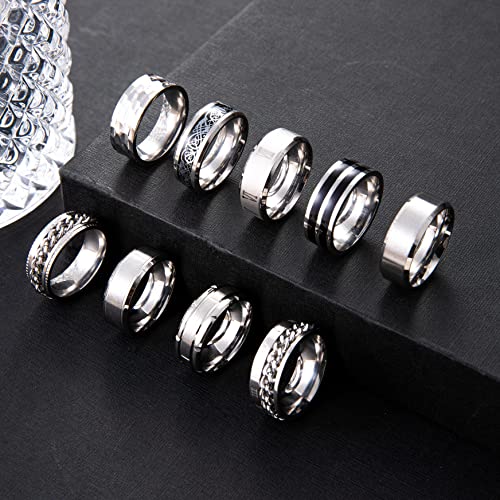 9Pcs Stainless Steel Band Rings for Men Women Fidget Anxiety Relief Rings Spinner Ring Wedding Promise Rings Set2