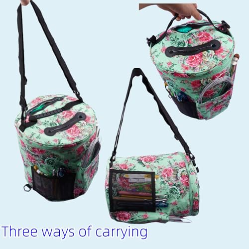 Image of WAZAIGUR Green Flowers Pattern Large Capacity Multifunctional Crocheting Knitting Project Bag Strong Yarn Storage Organizer Bag Tote Travel Crochet Needles Bag