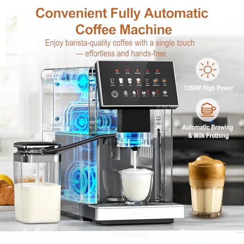 Image of Fully Automatic Espresso Machine with Grinder & Auto Milk Frother, Smart Alarm, Coffee Machine with Intuitive Touchscreen & Auto-Clean Function, Ideal for Latte, Cappuccino, Americano