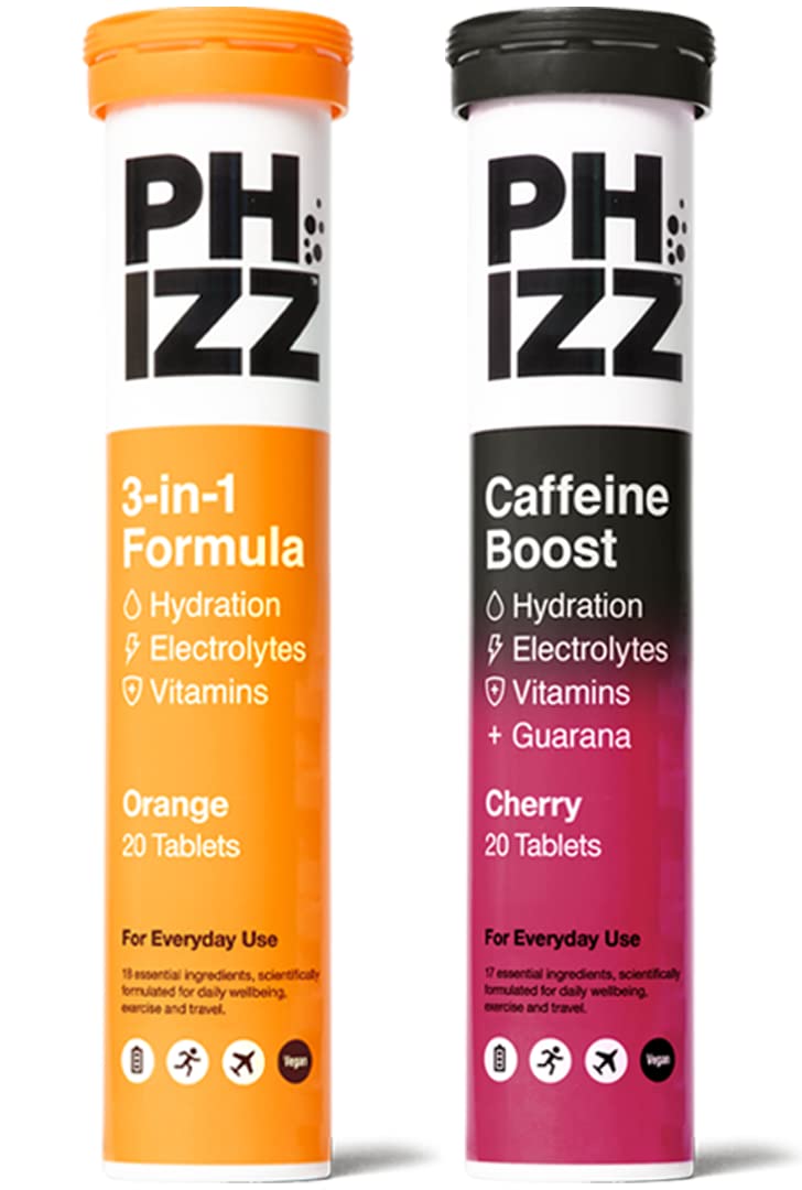 Phizz Caffeine Boost Electrolyte Hydration Tablets - 17 Vitamins and Minerals - Effervescent Energy Tablets - 75mg Caffeine Tablets (Duo (Orange and Cherry Caffeine), 40 Tablets)
