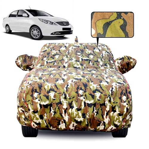 Image of 100% Waterproof Car Body Cover for Tata Manza with Mirror Pocket, Soft Cotton Lining, Triple Stitched, Full Bottom Elastic (Heat Resistant Jungle Print with Red Piping)