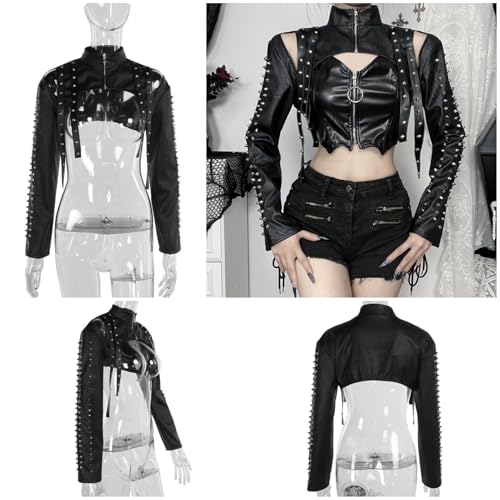 Image of Women Gothic Crop Top Shirt Y2K Black Bell Sleeve Shawl Cardigan