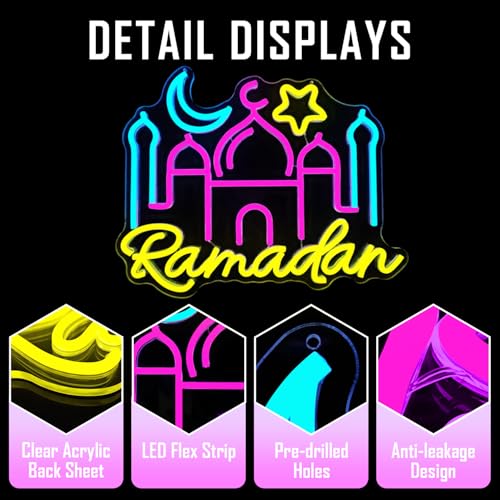 Image of Ramadan Neon Sign Ramadan Decorations for Home Dimmable Neon Lights Mosque Led Sign Muslim Islamic Wall Decor Light Up Sign Ramadan Gifts for Kids Women