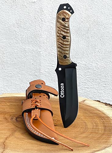 Ottoza Handmade 1095 Carbon Steel Bushcraft Knife & Ram Horn Handle - Survival Knife - Camping Knife - Tactical Knife - Hunting Knife with Sheath - Outdoor Knife with Sheath - Vertical Knife No:319