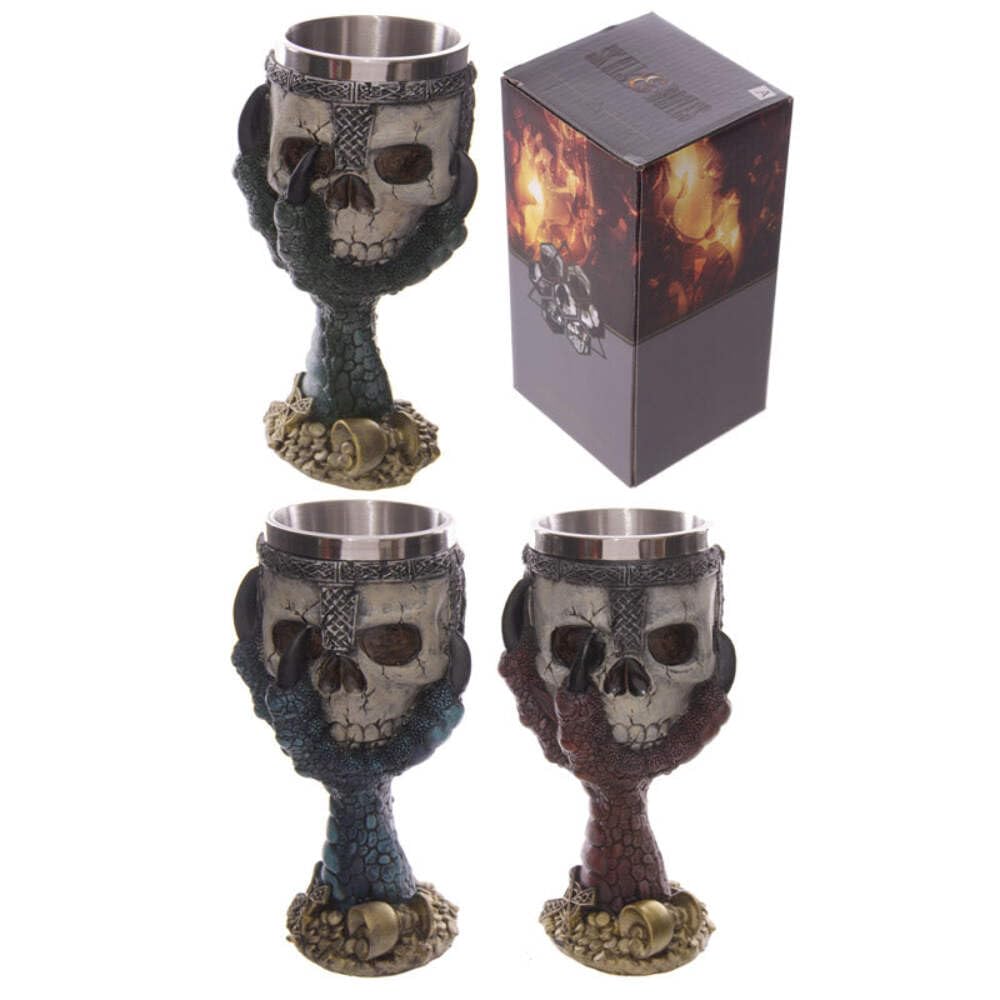 Puckator Multicolor Decorative Dragons Claw And Warrior Skull Goblet - Skulls And Bones Themed - Home Decoration - Wine Goblet - Fantasy Decorative Home Accessories - Stainless Steel - Resin