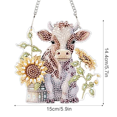 Image of Sunflower and Cow Diamond Art Hanging, DIY 5D Diamond Painting Ornament with Rhinestones, Handmade Craft Gift for Wall, Door, Window, Home or Garden Decor