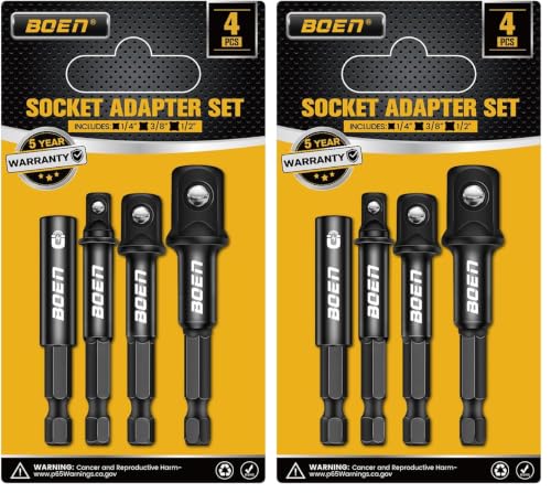 Image of BOEN Impact Socket Adapter & Magnetic Bit Holder | 4 Pieces of 1 /4-Inch Hex Shank Extension to 1 /4 inch, 3 /8 inch, and 1 /2 inch Drive (Pack of 2)