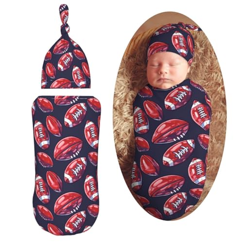 Image of American Cartoon Football Newborn Swaddle Blankets Hat Sets Soft Baby Receiving Blanket Swaddle Sack for Baby Shower Infant Boy Girl Gift