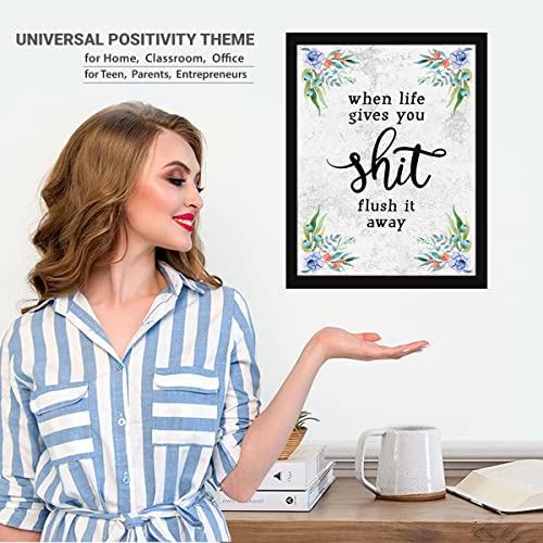 Image of Chaka Chaundh - When life gives you shit flush it away - bathroom posters with frame - bathroom quotes framed posters - Washroom Quotes Frames - Toilet Quotes Wall Hanging - (14 X 11 inches) (White texture - Floral)