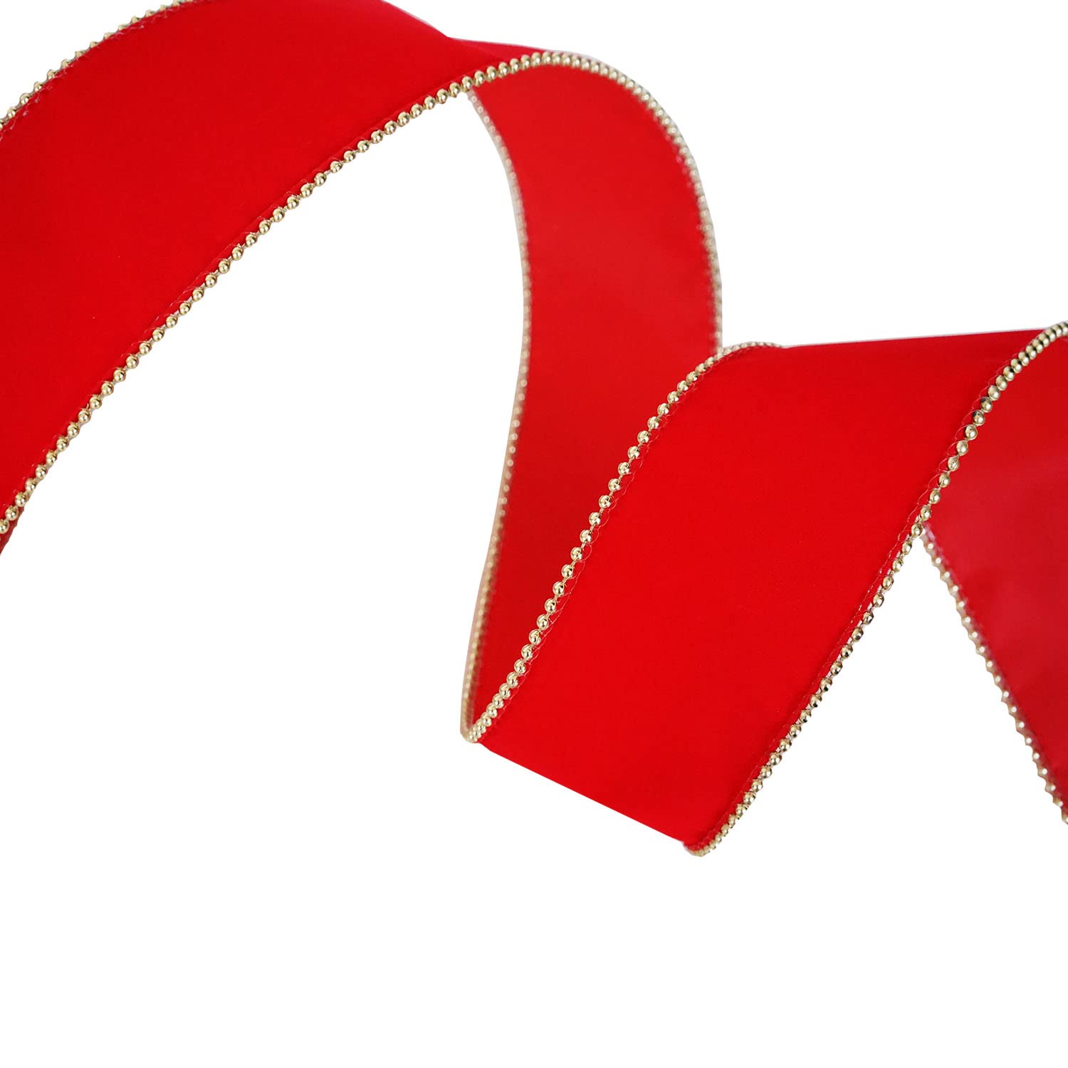 Rotes Samtband mit Draht und goldfarbenem Perlenrand, 6,4 cm, 20 m lang, Weihnachtsband mit Drahtkante (rot)