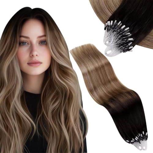 Vivien Micro Ring Extensions Real Human Hair Balayage Black 14Inch Natural Hair Extensions Micro Loop Black Ombre Brown and Ash Blonde Short 50g 50s #1B/4/18