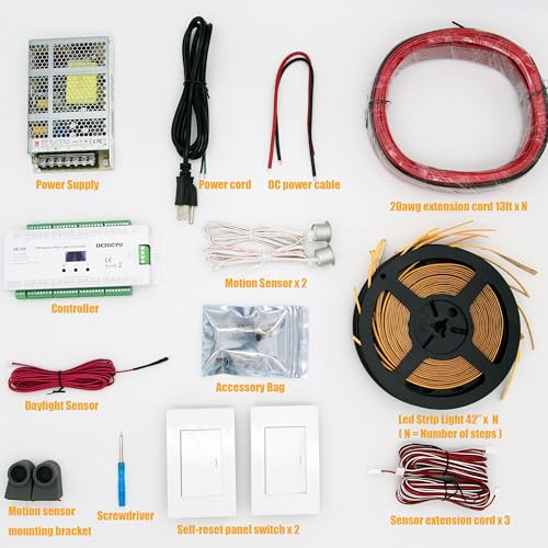 Image of Motion-Activated LED Stair Lighting Kit DE-320, 42 inch Cuttable Strip Light for Indoor Floating Mono Stringer & Cantilever Stairs (Warm White 3000K,18 Steps)