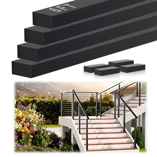 Image of 6FT Black Stainless Steel Cable Railing Handrail with POM Connector | 4 Pack Rectangular Handrail for Indoor Outdoor Deck Stair, Easy DIY Cut to Fit, Deck Railing Flat Top Rail with Metal End Cap