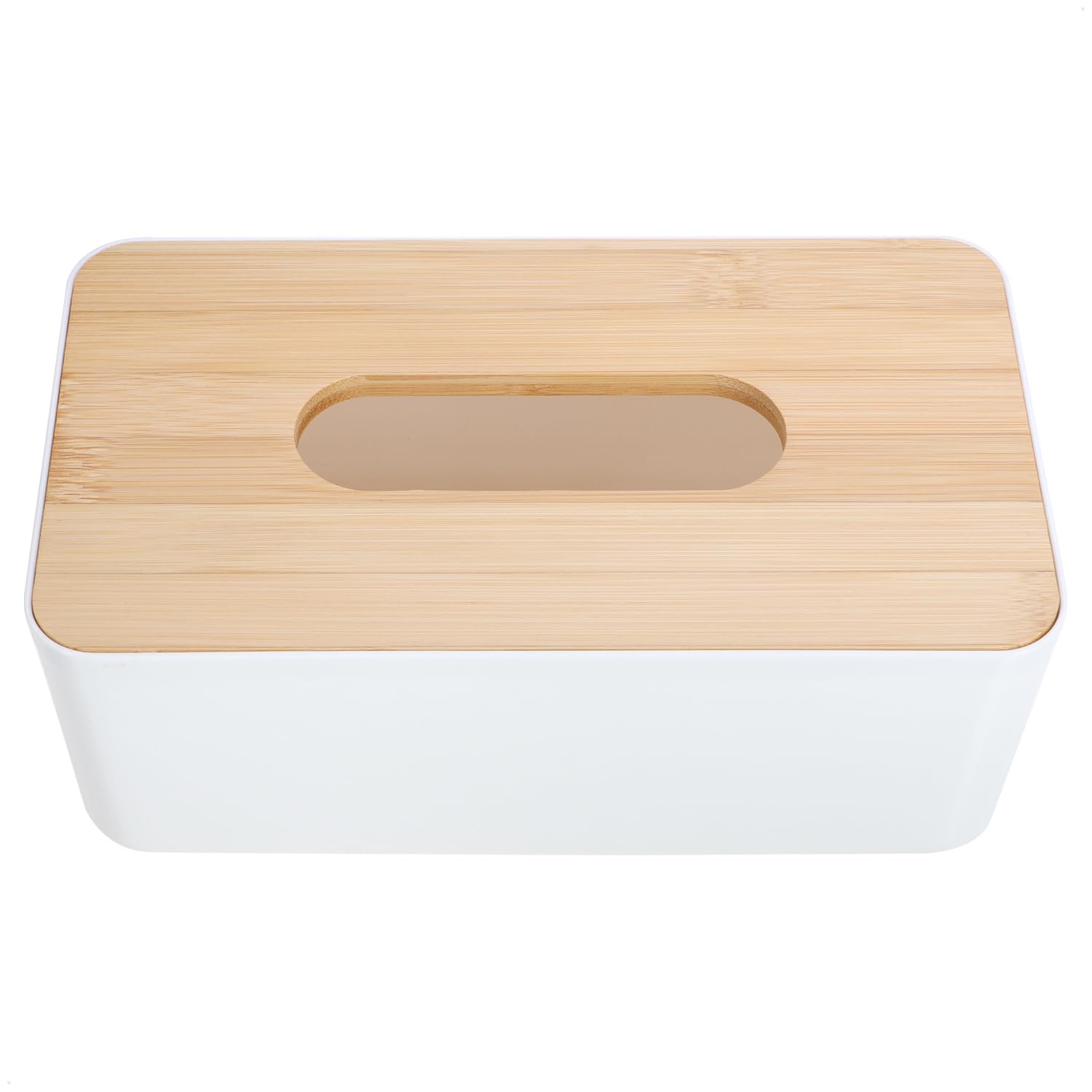 COM-FOUR® Pudelko na chusteczki kosmetyczne z tworzywa sztucznego z bambusowa pokrywka - Pudelko na chusteczki do lazienki, sypialni i salonu - podajnik reczników (1 sztuka - bambus bialy)