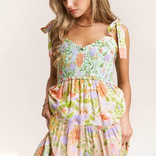 Women Boho Floral Sun Dress Tie Strap Sleeveless V Neck Patchwork Smocked Long Flowy Maxi Dress with Pockets3